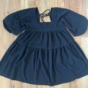 black mini dress - three quarter sleeve, square neck, tie back - size S